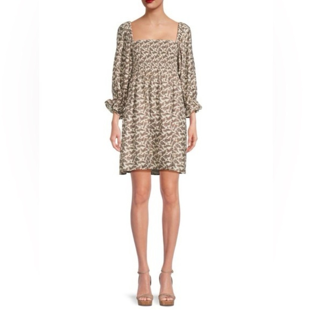 NWT Kourt Portia Mini Dress Brown Cream Paisleys Square Neck Smocked Size L